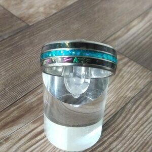 Sizes, 10,11. 12. 8 MM Silver Stainless Steel Band-Teal Inlay